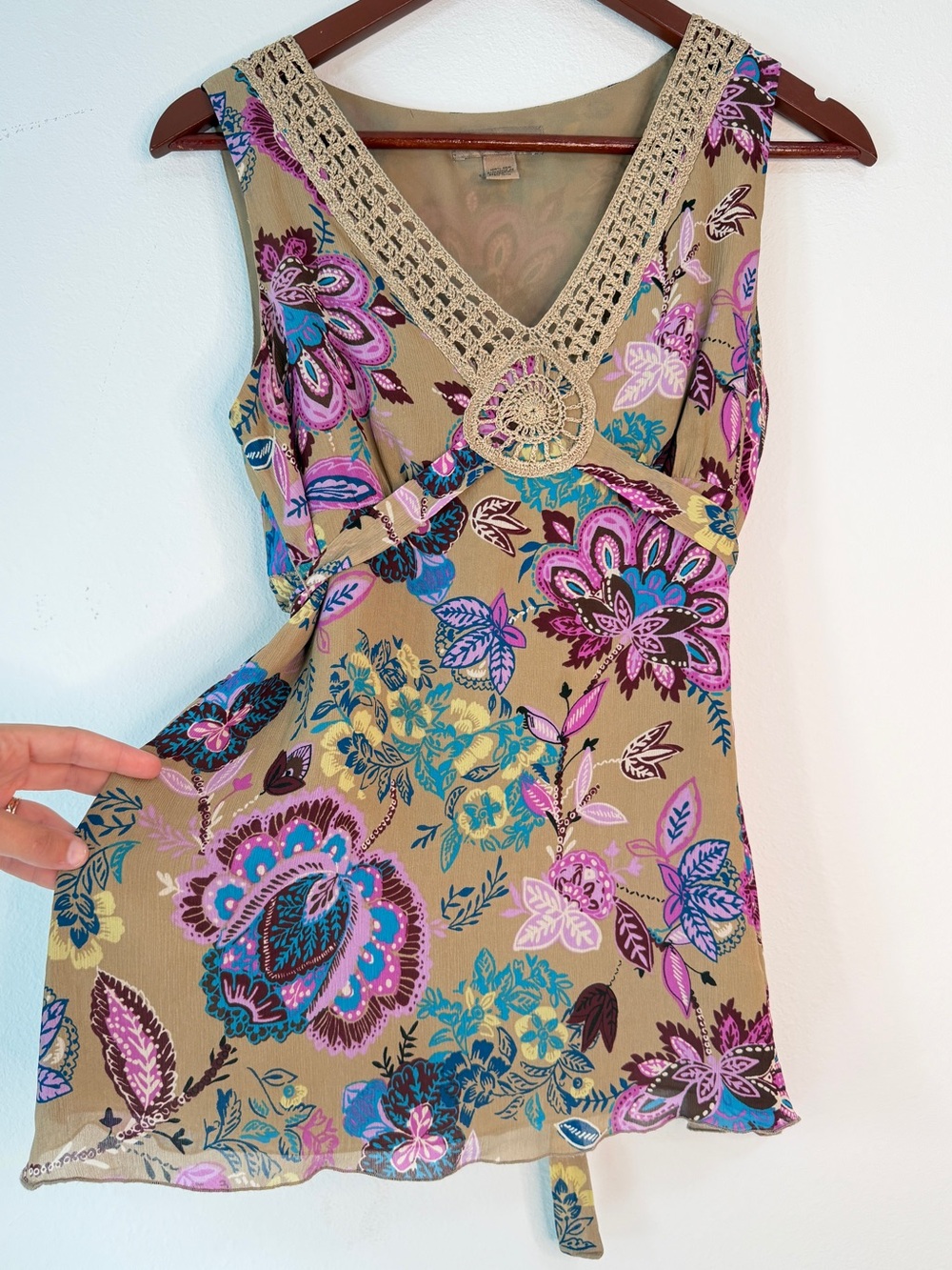 VTG Y2K 100% Silk Babydoll Tank‎ Top Boho Colorful Floral Paisley Crochet Small